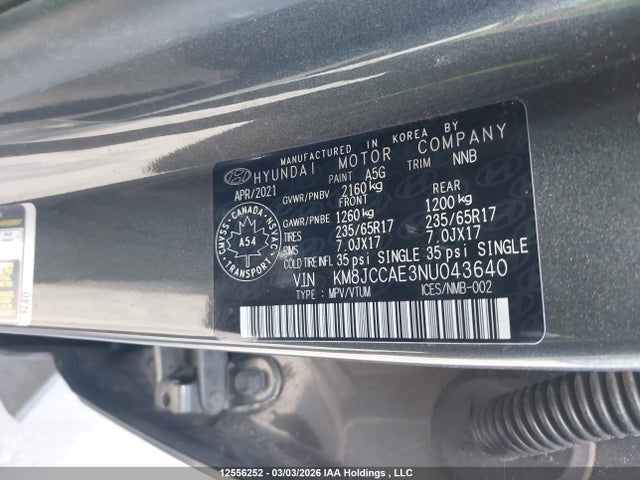 12556252 :رقم المزاد ، KM8JCCAE3NU043640 vin ، 2022 Hyundai Tucson Sel مزاد بيع