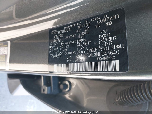 12556252 :رقم المزاد ، KM8JCCAE3NU043640 vin ، 2022 Hyundai Tucson Sel مزاد بيع