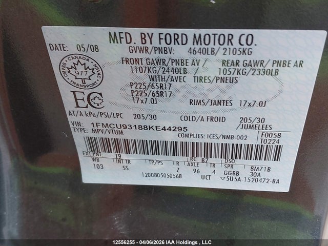 2008 Ford Escape Xlt მანქანა იყიდება აუქციონზე, vin: 1FMCU93188KE44295, აუქციონის ნომერი: 12556255