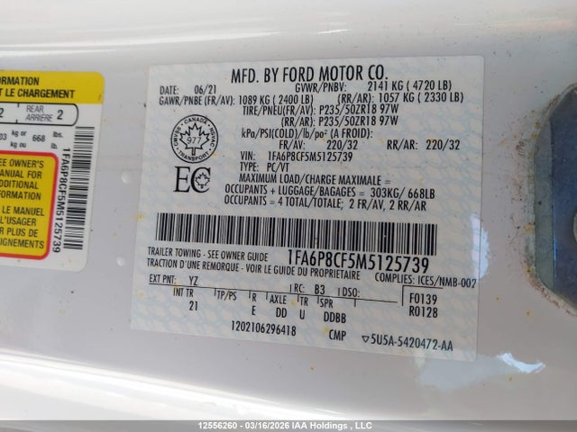 12556260 :رقم المزاد ، 1FA6P8CF5M5125739 vin ، 2021 Ford Mustang Gt مزاد بيع