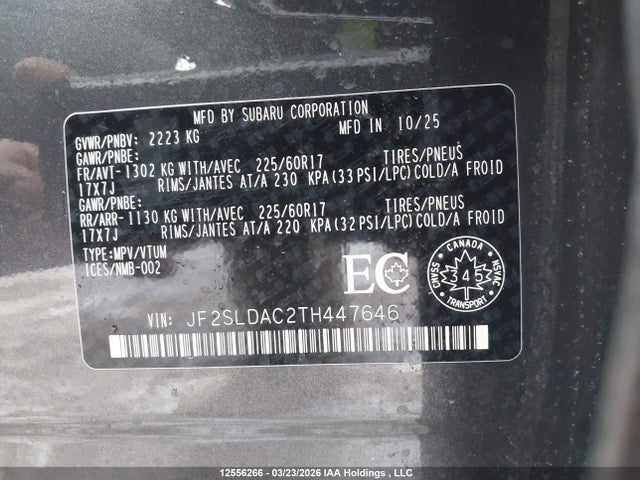 12556266 :رقم المزاد ، JF2SLDAC2TH447646 vin ، 2026 Subaru Forester Convenience مزاد بيع