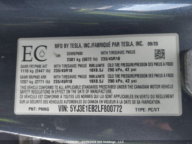 12556281 :رقم المزاد ، 5YJ3E1EB2LF800772 vin ، 2020 Tesla Model 3 Long Range مزاد بيع
