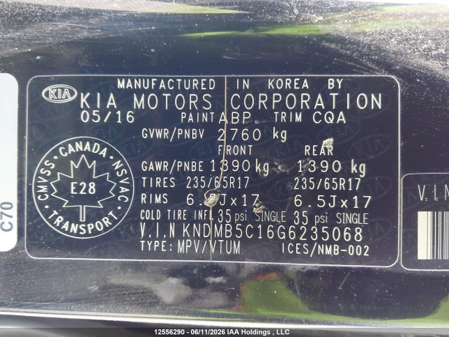 Продажа на аукционе авто 2016 Kia Sedona Lx, vin: KNDMB5C16G6235068, номер лота: 12556290
