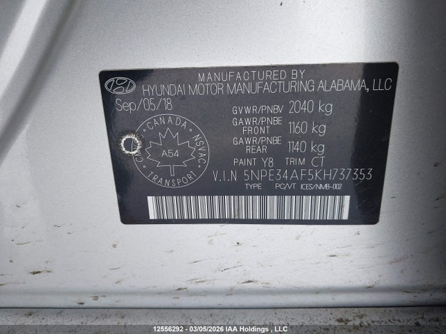 5NPE34AF5KH737353 Hyundai Sonata Limited/sel/sport