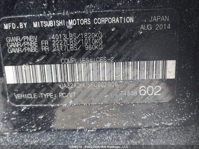 12556310 :رقم المزاد ، JA32X2HU5FU601606 vin ، 2015 Mitsubishi Lancer Sportback Es مزاد بيع