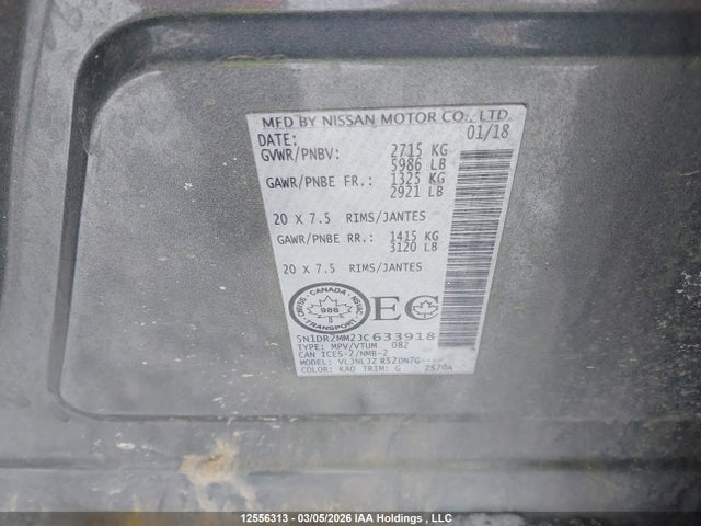 12556313 :رقم المزاد ، 5N1DR2MM2JC633918 vin ، 2018 Nissan Pathfinder S/sv/sl/platinum مزاد بيع