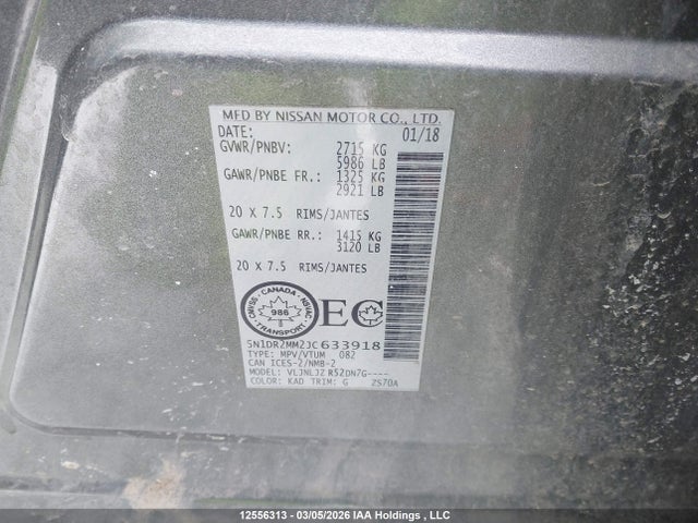 12556313 :رقم المزاد ، 5N1DR2MM2JC633918 vin ، 2018 Nissan Pathfinder S/sv/sl/platinum مزاد بيع