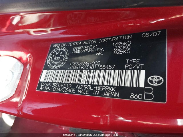 Продажа на аукционе авто 2008 Toyota Yaris, vin: JTDBT923481188457, номер лота: 12556317