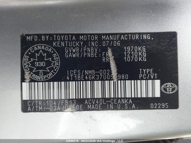 2007 Toyota Camry Le/se მანქანა იყიდება აუქციონზე, vin: 4T1BE46K37U053980, აუქციონის ნომერი: 12556319