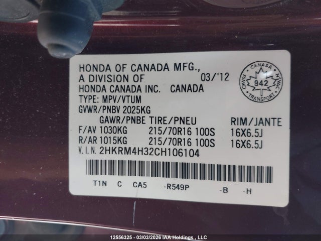 Aukcja sprzedaży 2012 Honda Cr-v Lx, vin: 2HKRM4H32CH106104, numer aukcji: 12556325