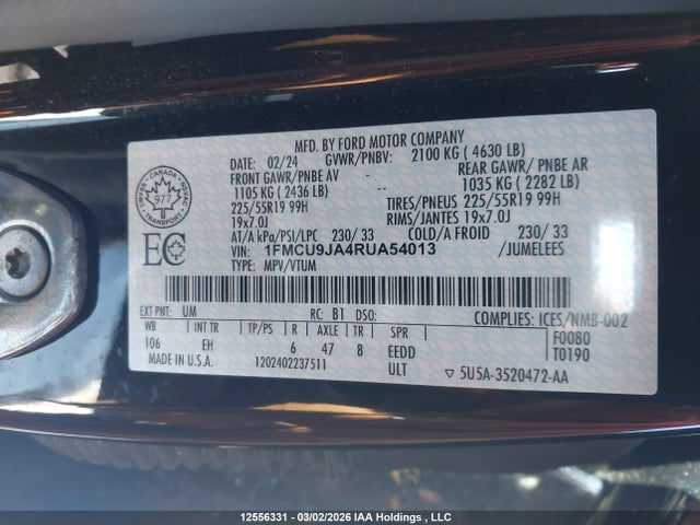 Aukcja sprzedaży 2024 Ford Escape Platinum, vin: 1FMCU9JA4RUA54013, numer aukcji: 12556331