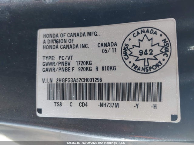 Aukcja sprzedaży 2012 Honda Civic Ex, vin: 2HGFG3A52CH001296, numer aukcji: 12556345