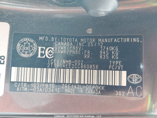 2012 Toyota Corolla S/le მანქანა იყიდება აუქციონზე, vin: 2T1BU4EE2CC860856, აუქციონის ნომერი: 12556348