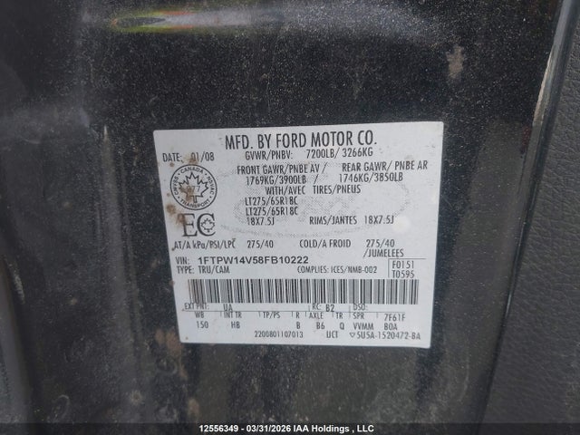 Aukcja sprzedaży 2008 Ford F150 Supercrew, vin: 1FTPW14V58FB10222, numer aukcji: 12556349