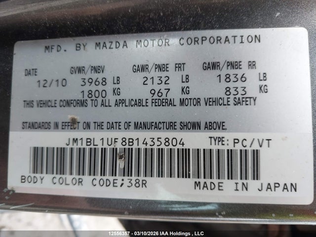 12556357 :رقم المزاد ، JM1BL1UF8B1435804 vin ، 2011 Mazda 3 I مزاد بيع