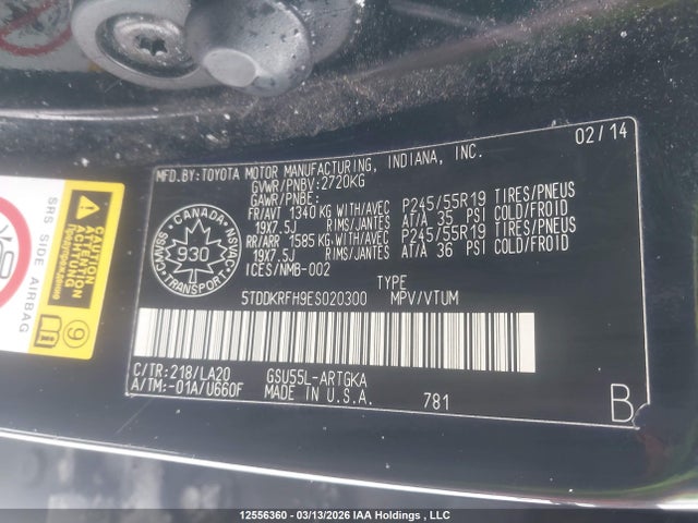 Aukcja sprzedaży 2014 Toyota Highlander Limited, vin: 5TDDKRFH9ES020300, numer aukcji: 12556360