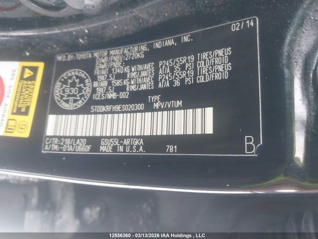 Aukcja sprzedaży 2014 Toyota Highlander Limited, vin: 5TDDKRFH9ES020300, numer aukcji: 12556360