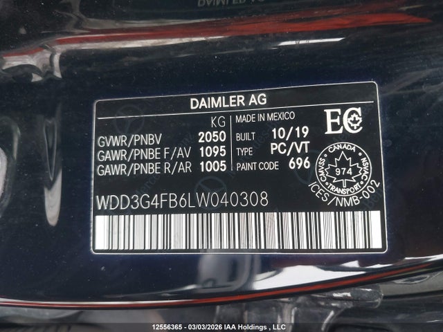 12556365 :رقم المزاد ، WDD3G4FB6LW040308 vin ، 2020 Mercedes-benz A 220 4matic مزاد بيع