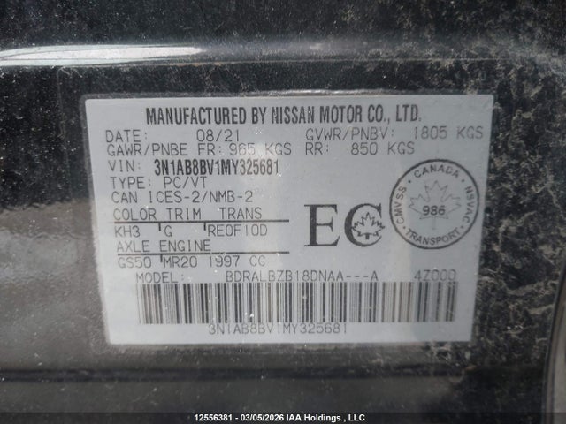 3N1AB8BV1MY325681 Nissan Sentra S/s Plus