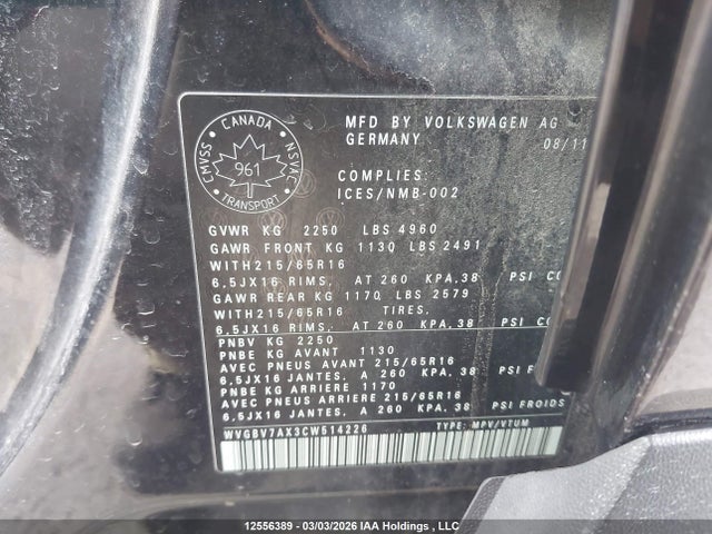 Продаж на аукціоні авто 2012 Volkswagen Tiguan S/se/sel, vin: WVGBV7AX3CW514226, номер лоту: 12556389