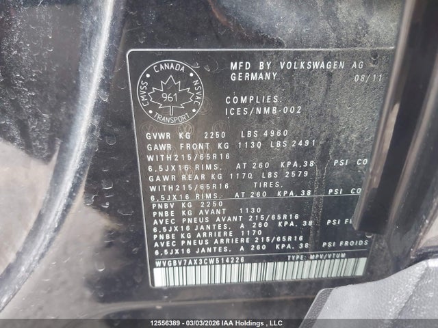 Продаж на аукціоні авто 2012 Volkswagen Tiguan S/se/sel, vin: WVGBV7AX3CW514226, номер лоту: 12556389