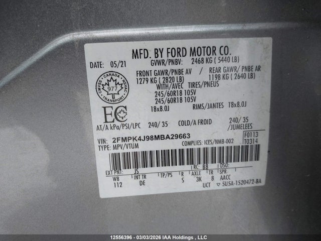 Продажа на аукционе авто 2021 Ford Edge, vin: 2FMPK4J98MBA29663, номер лота: 12556396