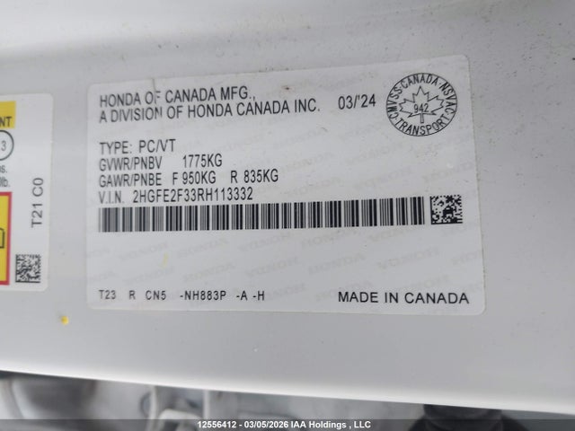 Aukcja sprzedaży 2024 Honda Civic Ex, vin: 2HGFE2F33RH113332, numer aukcji: 12556412