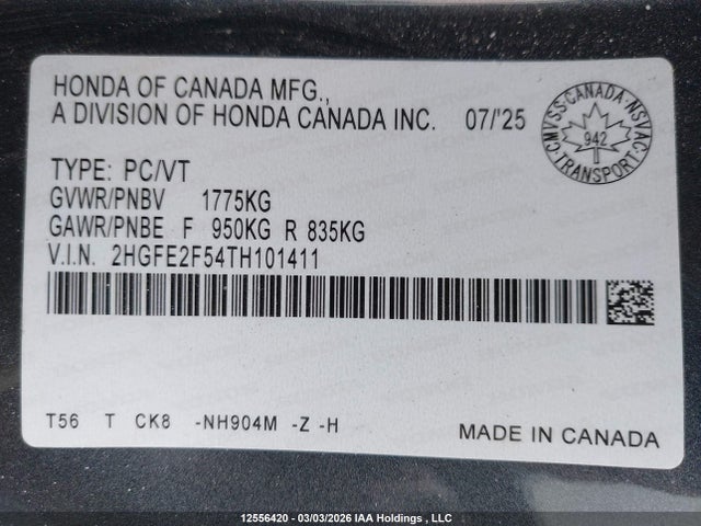 2HGFE2F54TH101411 Honda Civic Sport