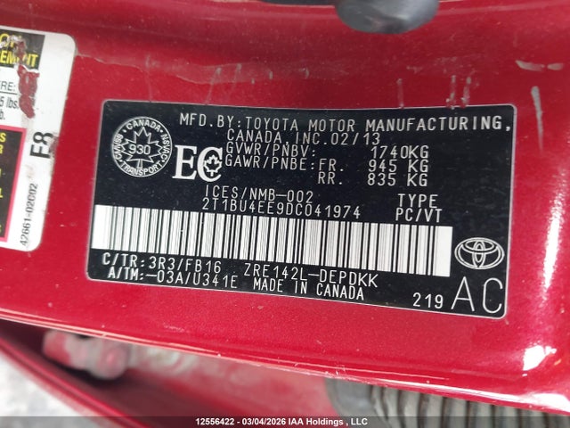 Aukcja sprzedaży 2013 Toyota Corolla S/le, vin: 2T1BU4EE9DC041974, numer aukcji: 12556422