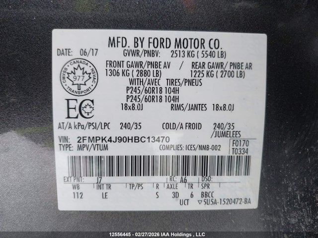 Продажа на аукционе авто 2017 Ford Edge Sel, vin: 2FMPK4J90HBC13470, номер лота: 12556445