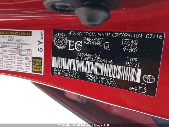 JTDKBRFU0G3529166 Toyota Prius