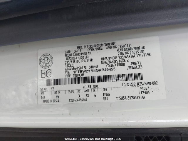 Aukcja sprzedaży 2016 Ford Transit-350, vin: 1FTBW2YM4GKB49455, numer aukcji: 12556448