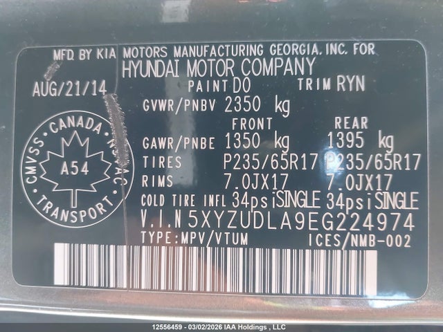 5XYZUDLA9EG224974 Hyundai Santa Fe