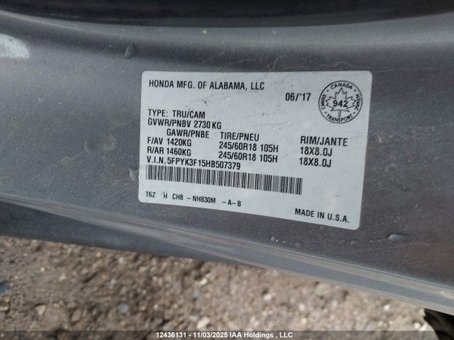 5FPYK3F15HB507379 Honda Ridgeline Sport