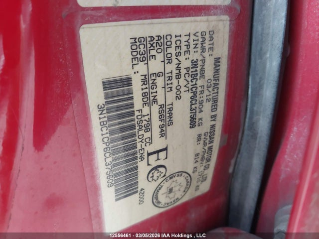 Aukcja sprzedaży 2012 Nissan Versa, vin: 3N1BC1CP6CL375609, numer aukcji: 12556461