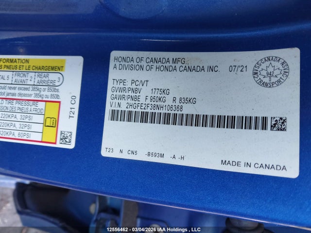 Продаж на аукціоні авто 2022 Honda Civic Ex, vin: 2HGFE2F38NH106368, номер лоту: 12556462