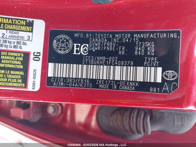 Aukcja sprzedaży 2015 Toyota Corolla, vin: 2T1BURHE1FC409379, numer aukcji: 12556464