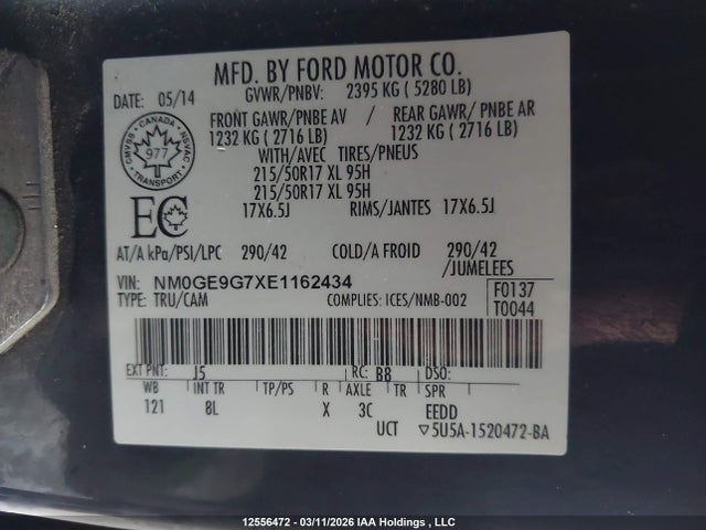 Auction sale of the 2014 Ford Transit Connect Titanium, vin: NM0GE9G7XE1162434, lot number: 12556472