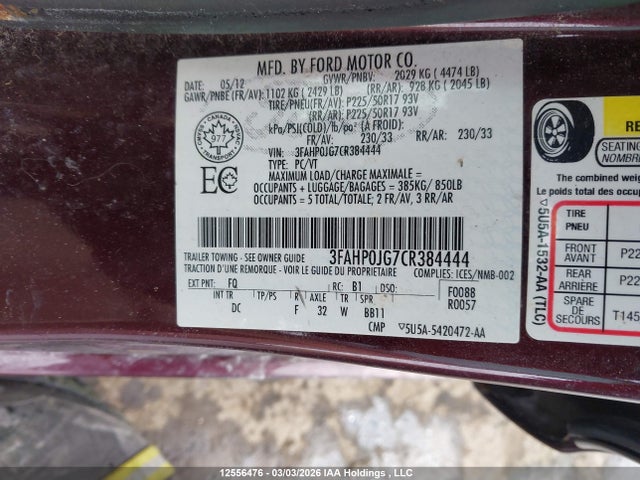 Auction sale of the 2012 Ford Fusion Sel, vin: 3FAHP0JG7CR384444, lot number: 12556476