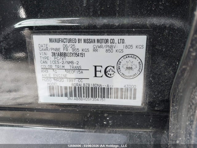 Aukcja sprzedaży 2025 Nissan Sentra S, vin: 3N1AB8BV0SY354151, numer aukcji: 12556506