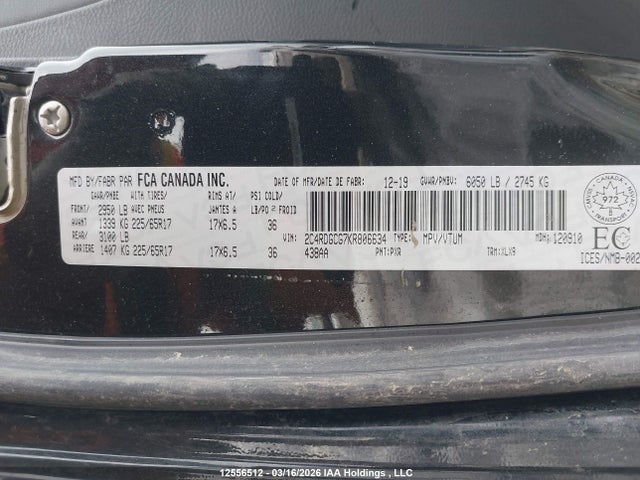 Продаж на аукціоні авто 2019 Dodge Grand Caravan Sxt, vin: 2C4RDGCG7KR806634, номер лоту: 12556512