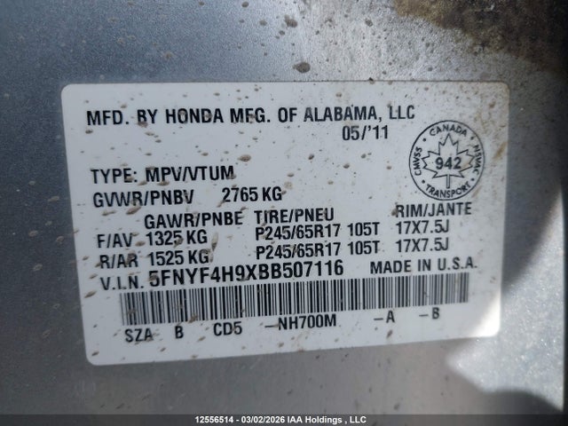 2011 Honda Pilot Touring მანქანა იყიდება აუქციონზე, vin: 5FNYF4H9XBB507116, აუქციონის ნომერი: 12556514