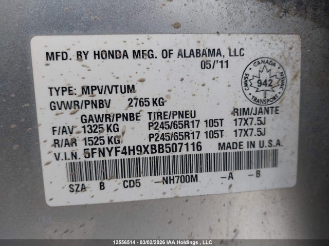 2011 Honda Pilot Touring მანქანა იყიდება აუქციონზე, vin: 5FNYF4H9XBB507116, აუქციონის ნომერი: 12556514