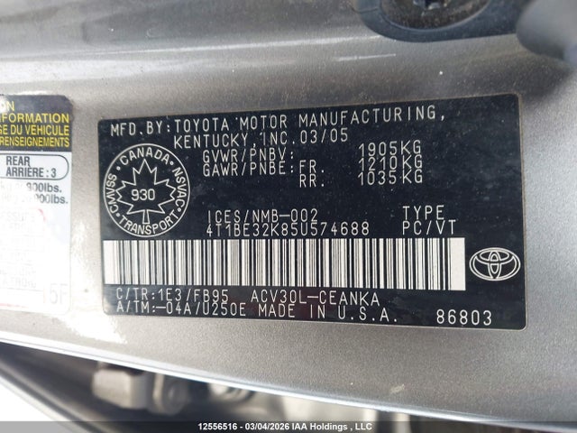 Aukcja sprzedaży 2005 Toyota Camry Le/xle/se, vin: 4T1BE32K85U574688, numer aukcji: 12556516