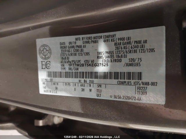 1FT7W2BT5KEG27525 Ford F-250 Lariat