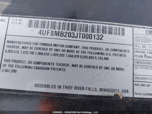 12556523 :رقم المزاد ، 4UF8MB203JT000132 vin ، 2018 Yamaha Sw1nsrlppl مزاد بيع