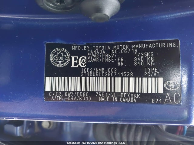 Aukcja sprzedaży 2016 Toyota Corolla S, vin: 2T1BURHE2GC711538, numer aukcji: 12556529