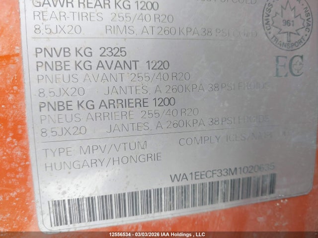 Aukcja sprzedaży 2021 Audi Q3 45 Progressiv, vin: WA1EECF33M1020635, numer aukcji: 12556534