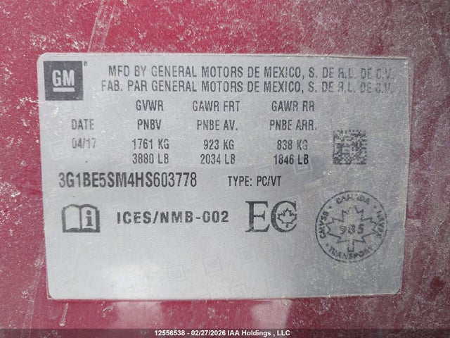 12556538 :رقم المزاد ، 3G1BE5SM4HS603778 vin ، 2017 Chevrolet Cruze مزاد بيع