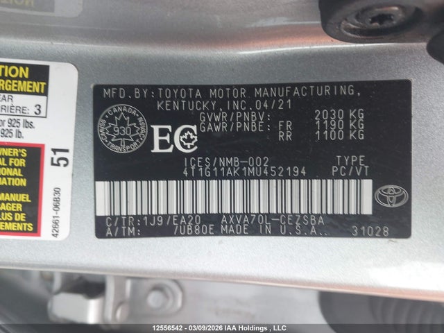12556542 :رقم المزاد ، 4T1G11AK1MU452194 vin ، 2021 Toyota Camry Se/se Night Shade مزاد بيع